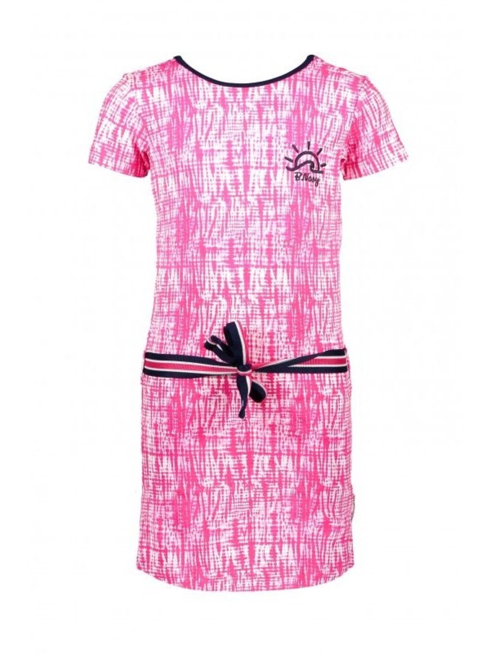 Girls' Pink Printed Casual Dress with Contrast Belt